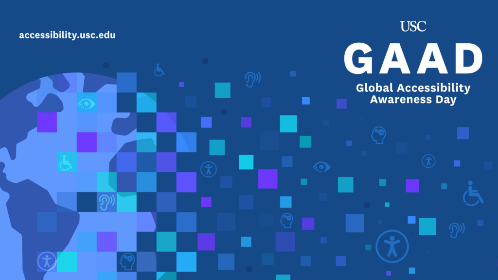 Blue background with pixelated squares in purple, teal, and blue intermixed with accessibiltiy icons including a ear, head wtih cogs, wheelchair user, and eye.